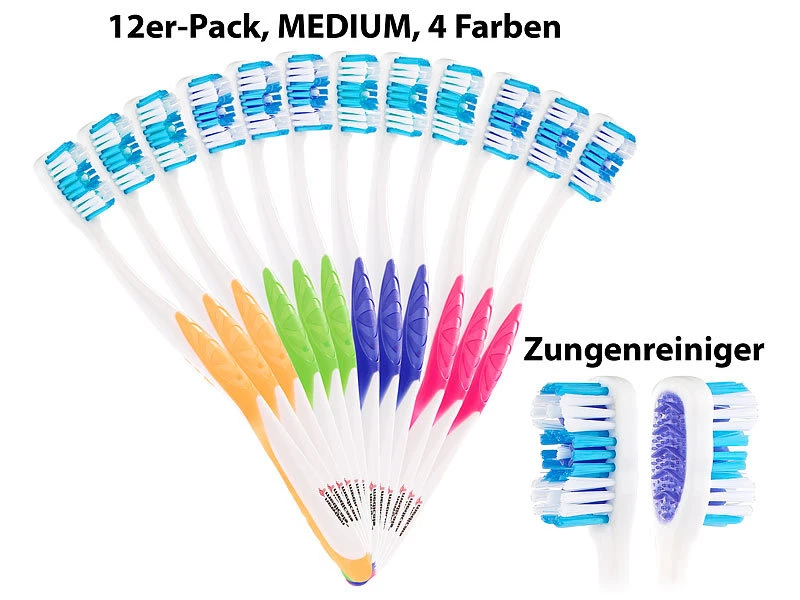 Newgen Medicals Handzahnbürste:12er-Pack Marken-Zahnbürsten Mit Zungenreiniger, MEDIUM, 4 Farben 1 Newgen Medicals Handzahnbürste:12er-Pack Marken-Zahnbürsten Mit Zungenreiniger, MEDIUM, 4 Farben