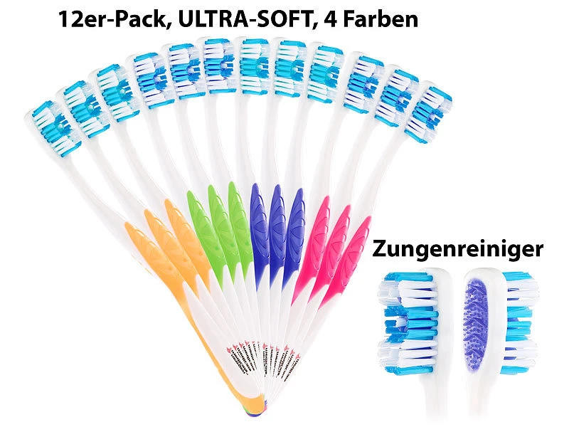 Newgen Medicals Bürste Zur Zahnpflege:12er-Pack Marken-Zahnbürsten Mit Zungenreiniger, ULTRA-SOFT, 4 Farben 1 Newgen Medicals Bürste Zur Zahnpflege:12er-Pack Marken-Zahnbürsten Mit Zungenreiniger, ULTRA-SOFT, 4 Farben