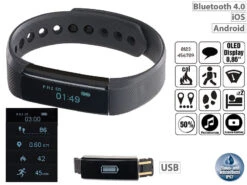 Newgen Medicals Uhr Mit Vibrationsalarm:Fitness-Armband FBT-25, Bluetooth, Benachrichtigungen, OLED, IP67