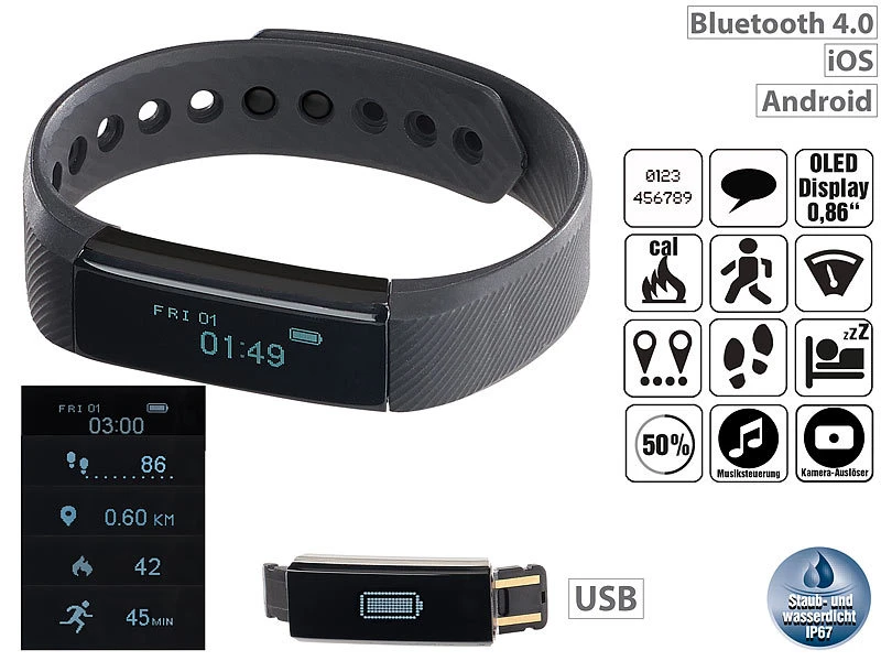 Newgen Medicals Uhr Mit Vibrationsalarm:Fitness-Armband FBT-25, Bluetooth, Benachrichtigungen, OLED, IP67 1 Newgen Medicals Uhr Mit Vibrationsalarm:Fitness-Armband FBT-25, Bluetooth, Benachrichtigungen, OLED, IP67