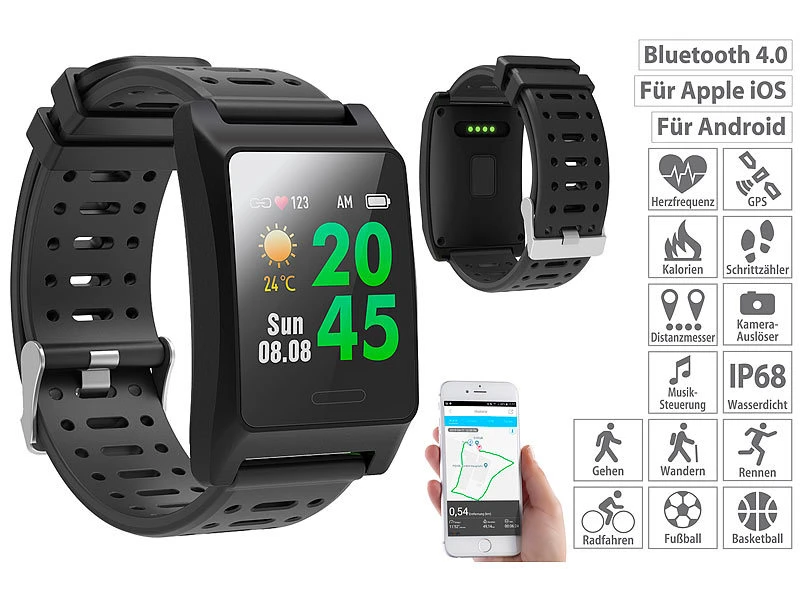 Newgen Medicals Sportuhr:Fitness-GPS-Smartwatch, Herzfrequenz-Anzeige, Farb-Display, App, IP68 1 Newgen Medicals Sportuhr:Fitness-GPS-Smartwatch, Herzfrequenz-Anzeige, Farb-Display, App, IP68