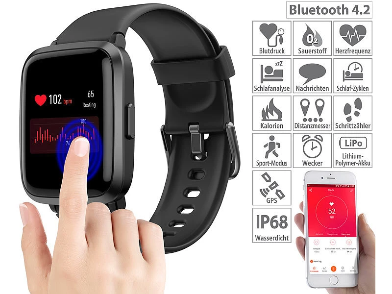 Newgen Medicals Smartuhren:Fitness-Armband Mit Glas-Touchscreen-Display, SpO2-Anzeige, App, IP68 1 Newgen Medicals Smartuhren:Fitness-Armband Mit Glas-Touchscreen-Display, SpO2-Anzeige, App, IP68