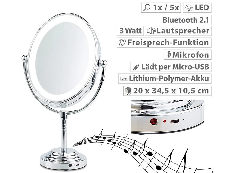 Sichler Beauty Schmink-Spiegel:XL-LED-Kosmetikspiegel, Akku, Bluetooth-Lautsprecher, 1x / 5x Vergröß. 1 Sichler Beauty Schmink-Spiegel:XL-LED-Kosmetikspiegel, Akku, Bluetooth-Lautsprecher, 1x / 5x Vergröß.