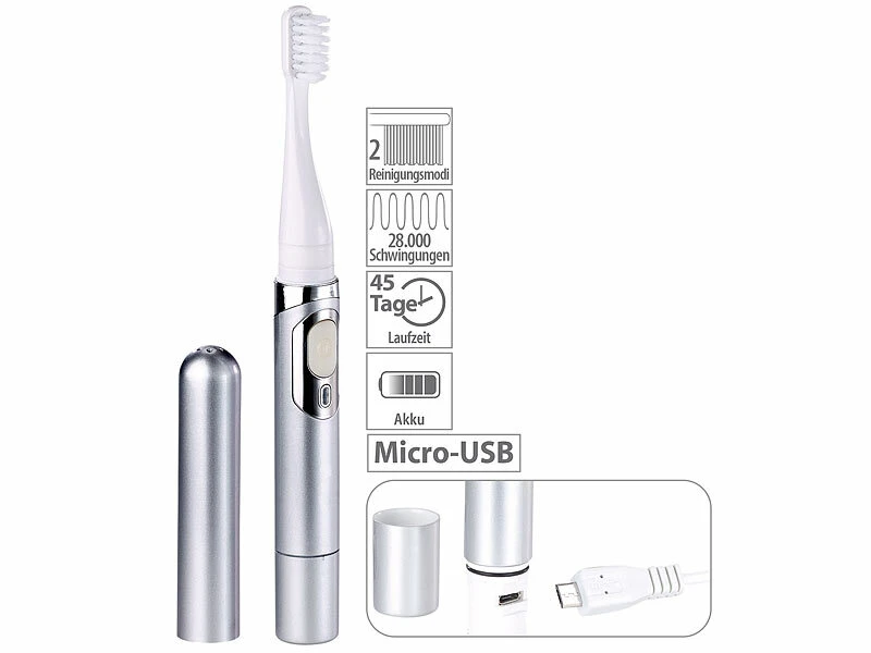 Newgen Medicals Elektrische Zahnbürste:2er-Set USB-Akku-Reise-Schallzahnbürste 28.000 RpM, IPX7, Timer 2 Newgen Medicals Elektrische Zahnbürste:2er-Set USB-Akku-Reise-Schallzahnbürste 28.000 RpM, IPX7, Timer – Bild 2