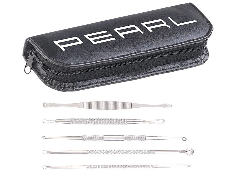 PEARL Mitesserentferner:5er-Set Mitesser-Entferner Aus Edelstahl Mit Aufbewahrungs-Tasche 1 PEARL Mitesserentferner:5er-Set Mitesser-Entferner Aus Edelstahl Mit Aufbewahrungs-Tasche