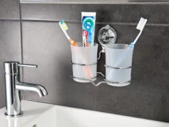 Carlo Milano Zahnputzbecherhalter:Zahnputzbecher-Halter Mit Saugnapf-Halterung Und 2 Bechern, Edelstahl